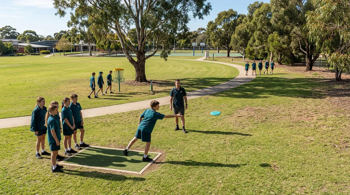A permanent six-hole course laid out on a school oval