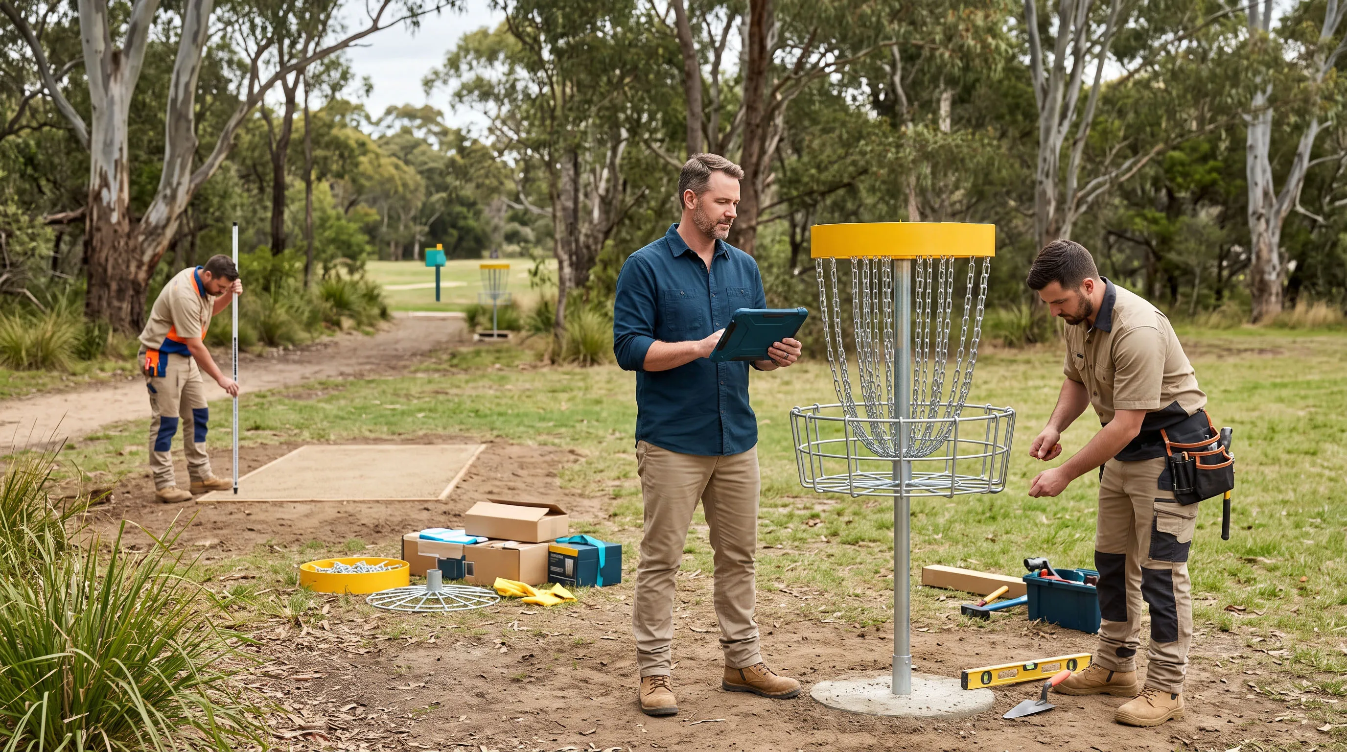 Course signage and formed tee pads installed on site