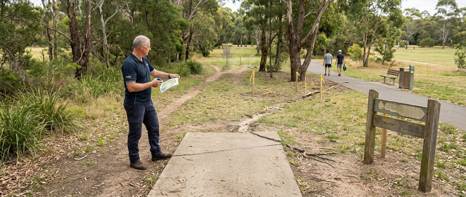 A RAD reviewer holding a course map beside a cracked concrete tee pad, with survey pegs marking an eroded fairway