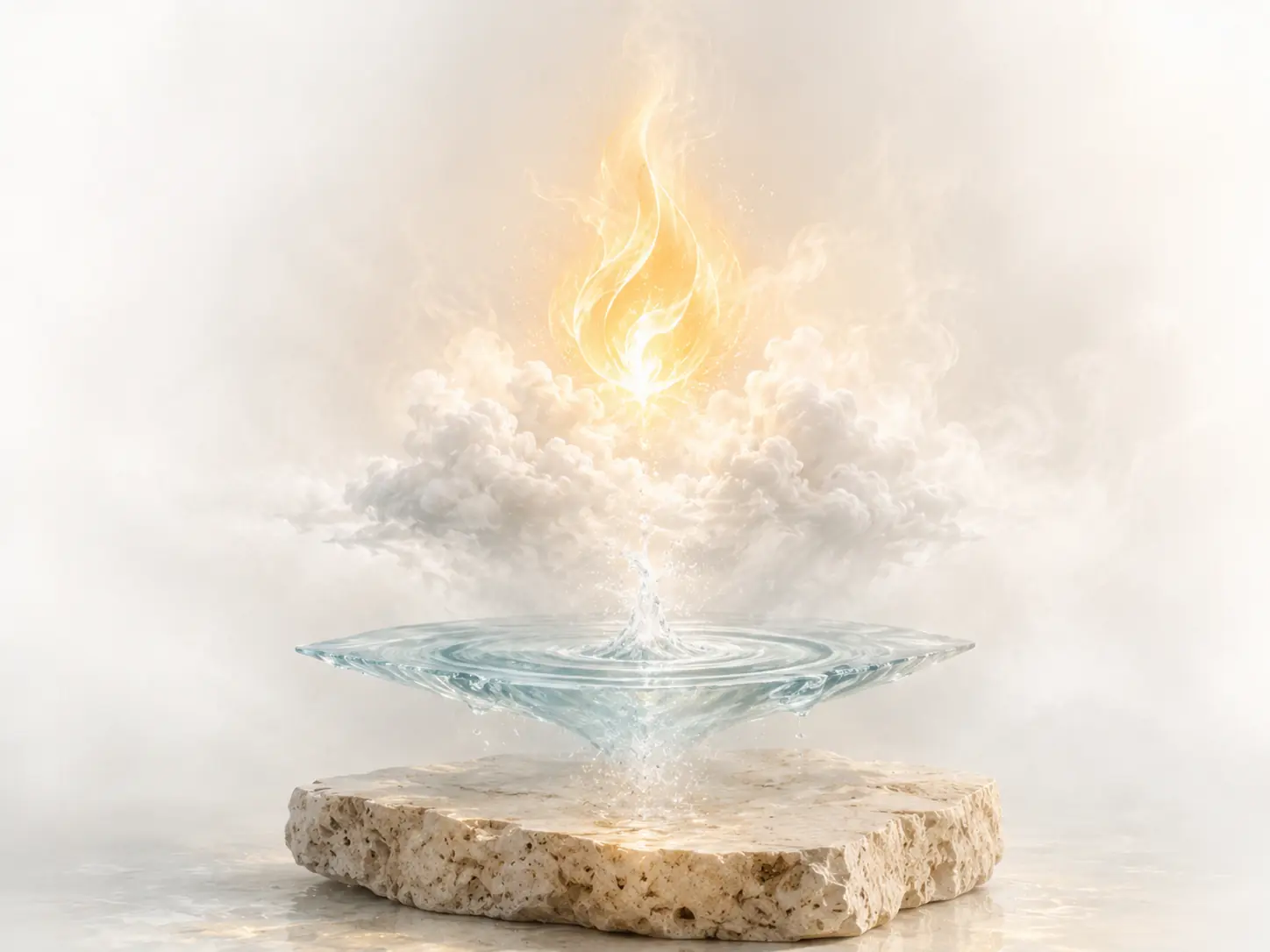 Continuidad de piedra, agua, nubes y una llama dorada