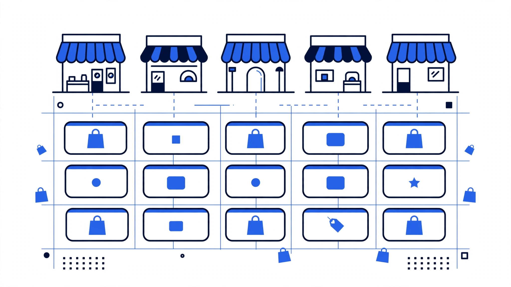 Illustration of several storefronts connected to one shared marketplace listing grid