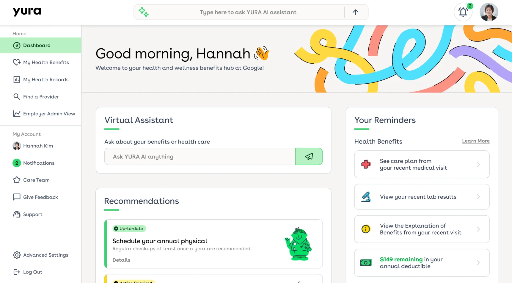 Yura Health benefits dashboard showing virtual assistant and health reminders