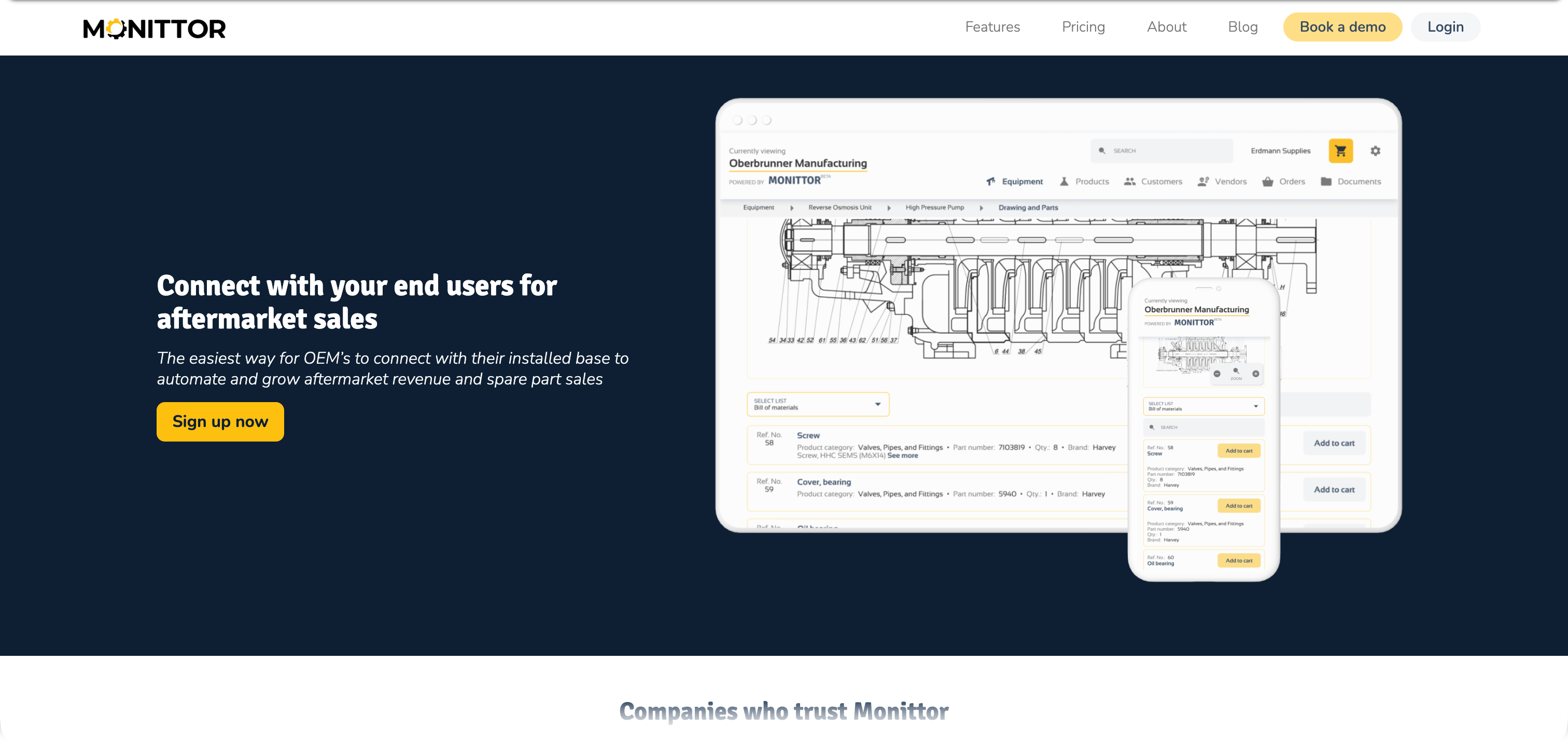 Monittor manufacturing aftermarket platform with engineering drawings