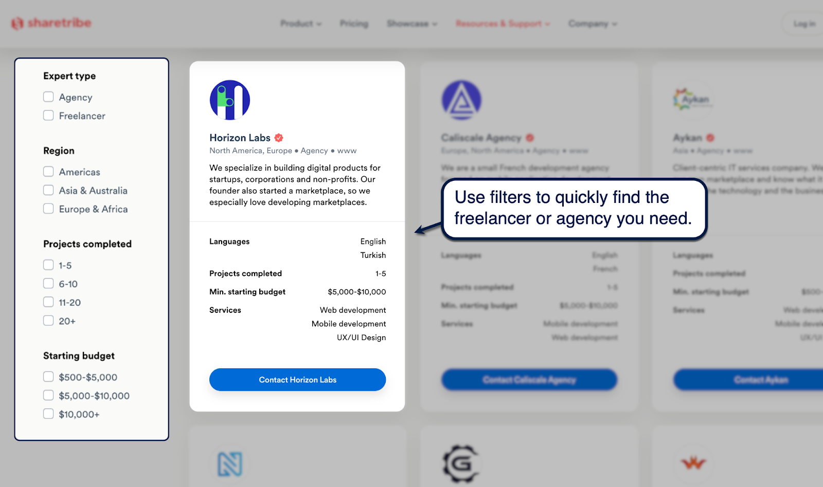 Sharetribe Expert Network filters and Horizon Labs agency profile