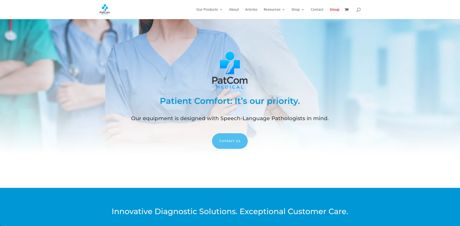 Patcom Medical app screenshot showing the homepage hero with a Patient Comfort headline, a Contact Us button, and medical staff imagery