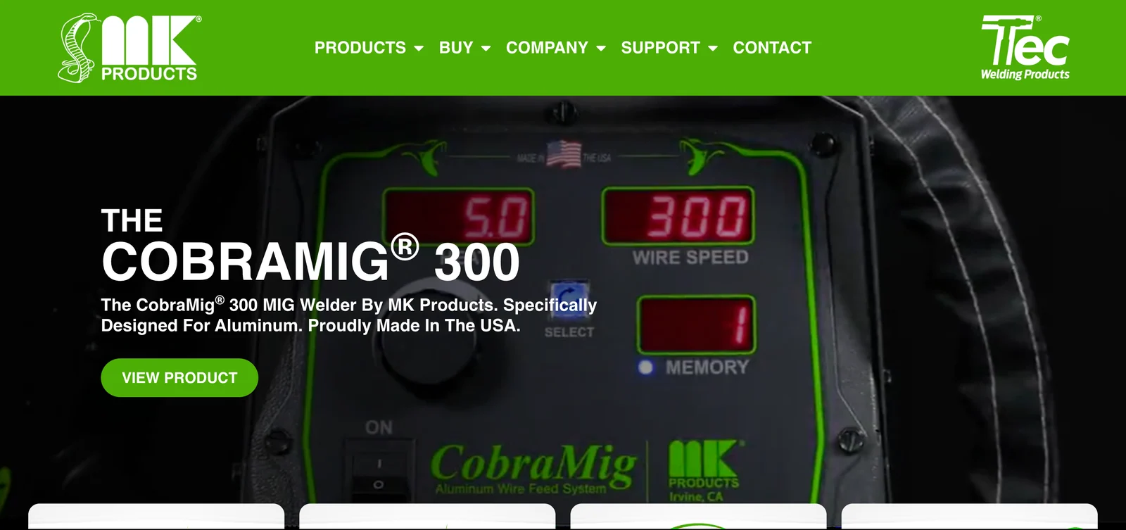 MK Products app screenshot showing the homepage hero for the CobraMig 300 MIG welder with a View Product button and a close-up of the welder control panel