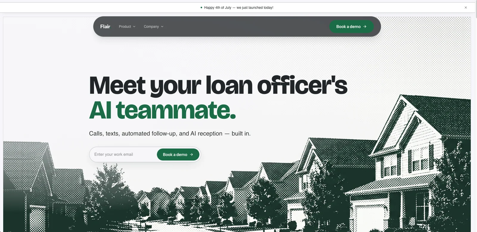 Flair Labs (YC S22) app screenshot showing the homepage with a Meet your loan officer's AI teammate headline, an email signup with a Book a demo button, and a halftone illustration of houses