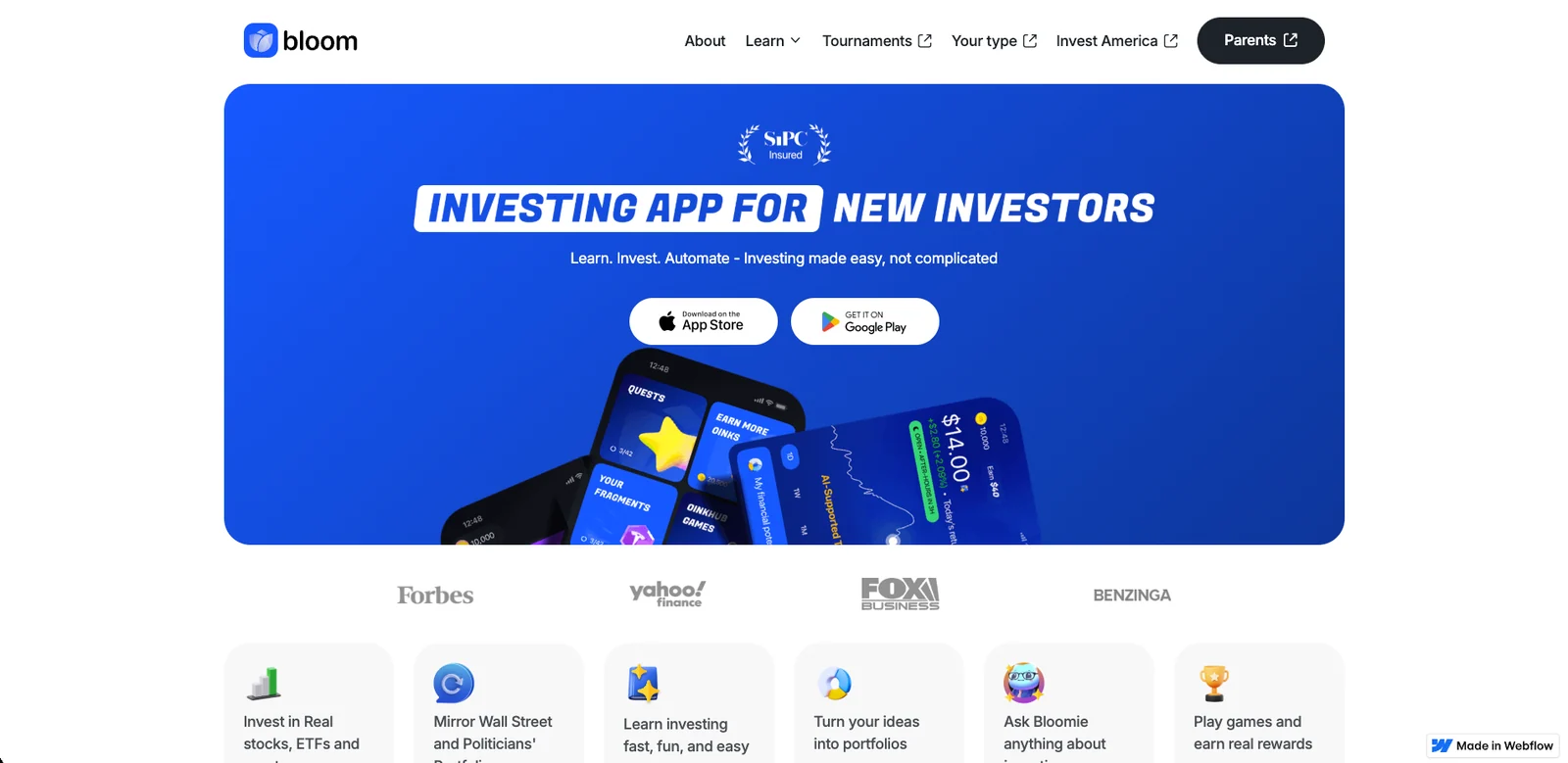 Bloom (YC W21) app screenshot showing the homepage with an Investing App for New Investors headline, app store buttons, phone mockups, and feature cards