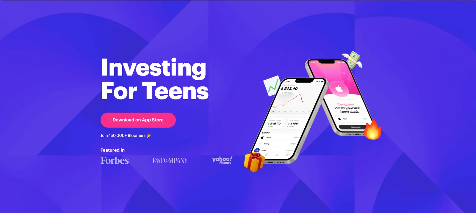 Bloom (YC W21) app screenshot showing an Investing For Teens hero with a Download on App Store button and phone mockups showing a portfolio and a free stock reward