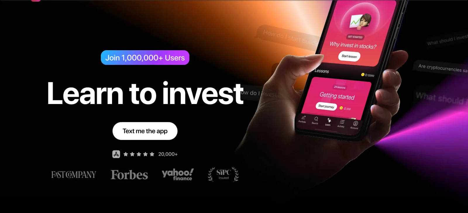 Bloom (YC W21) app screenshot showing a Learn to invest hero with a phone displaying investing lessons and a Text me the app button