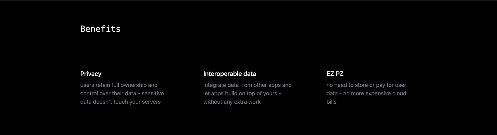 Basic.tech app screenshot showing the Benefits section with Privacy, Interoperable data, and EZ PZ columns