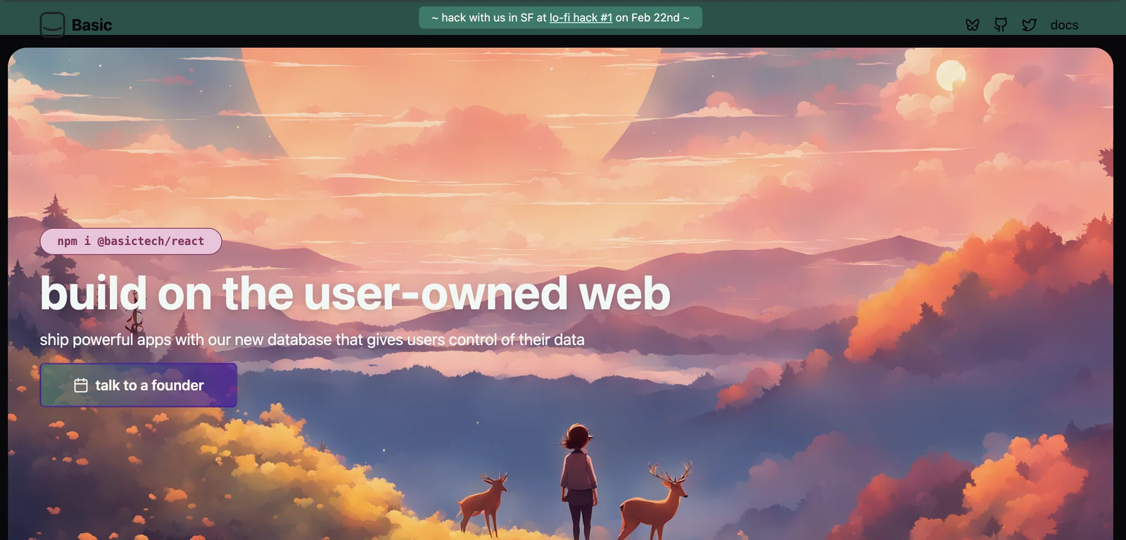Basic.tech app screenshot showing an illustrated sunset hero with a build on the user-owned web headline and an npm install command