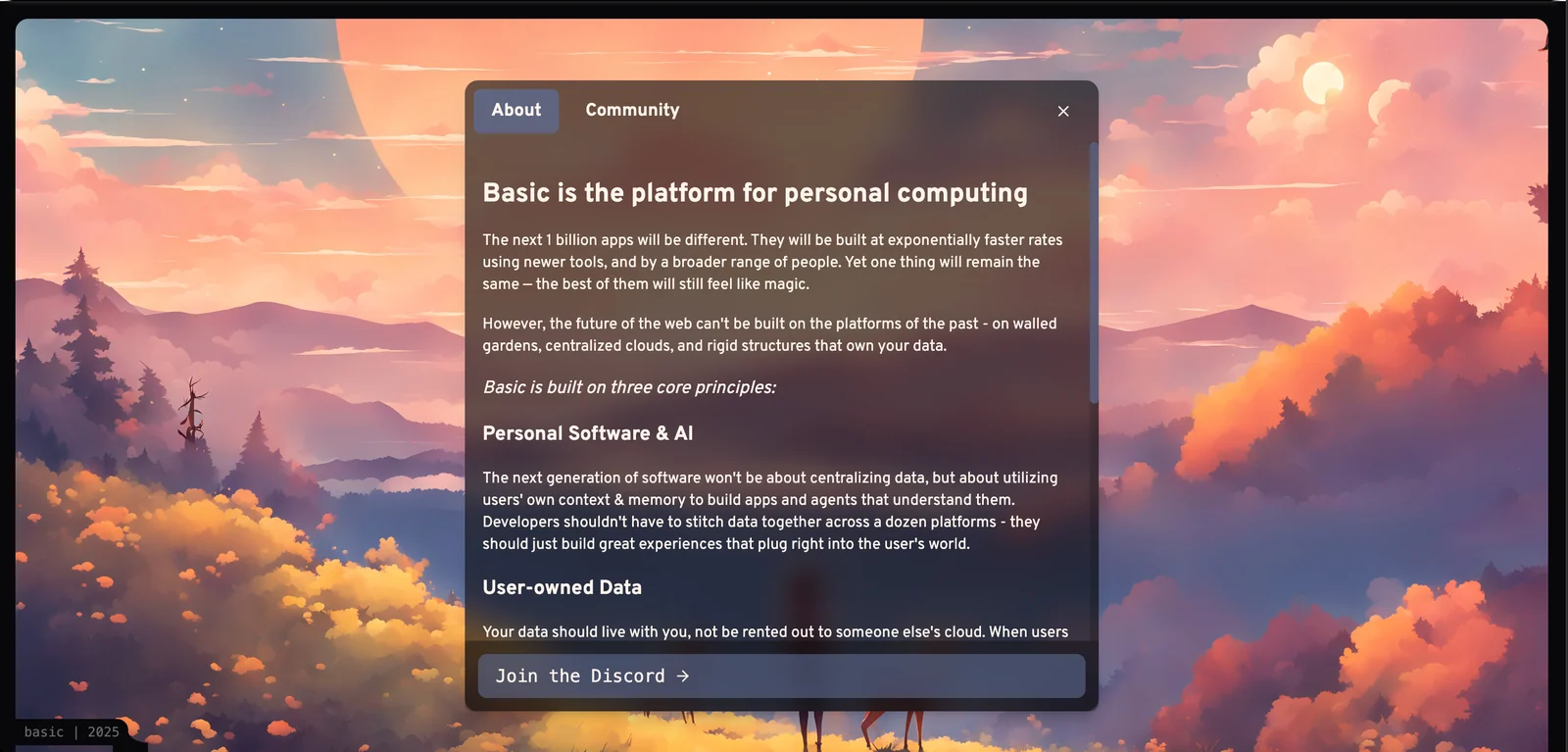 Basic.tech app screenshot showing an About panel describing the platform for personal computing over an illustrated landscape background