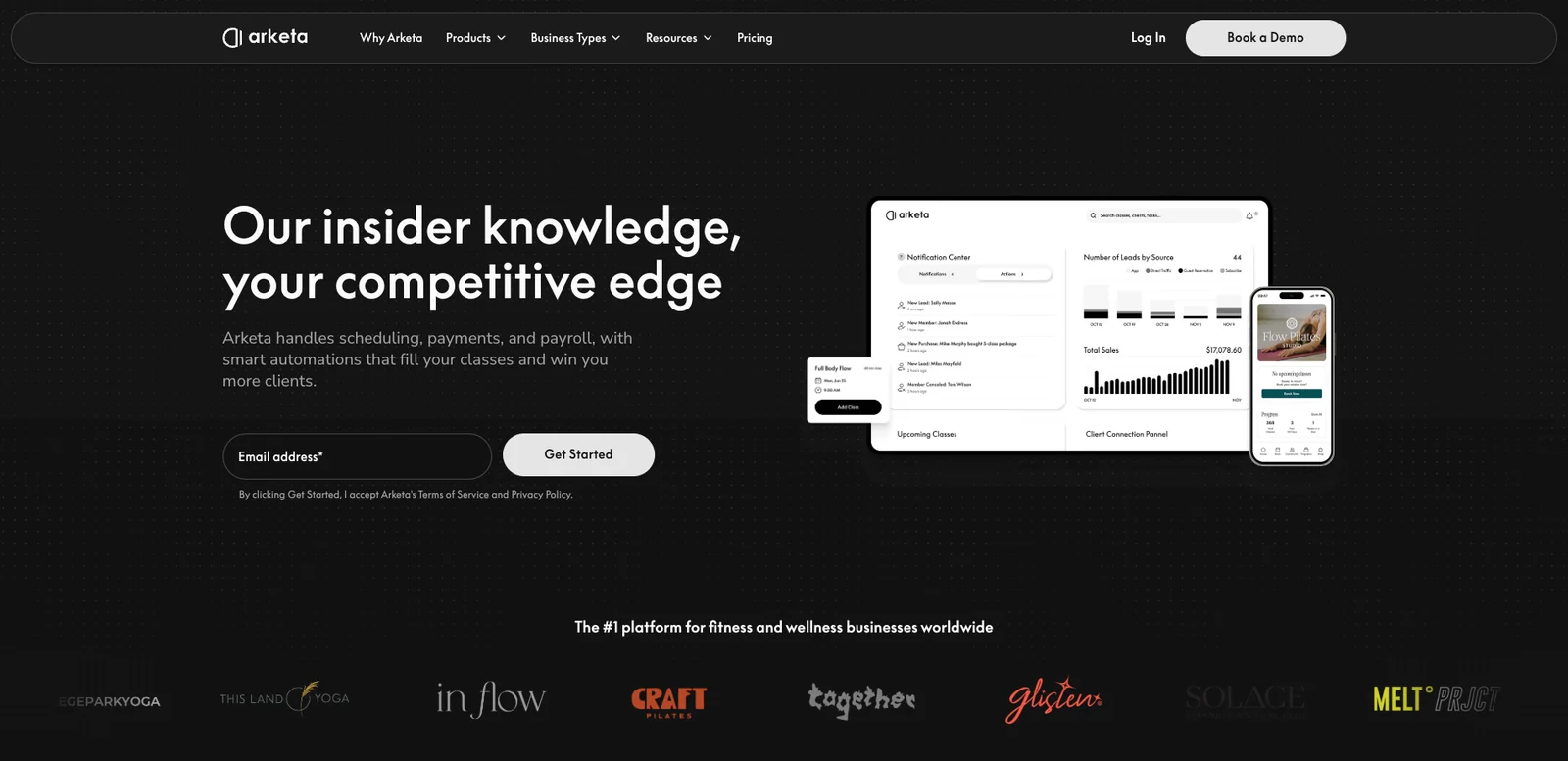 Arketa (YC S20) app screenshot showing a dark homepage hero with an Our insider knowledge, your competitive edge headline, an email signup, and previews of the scheduling dashboard and mobile app