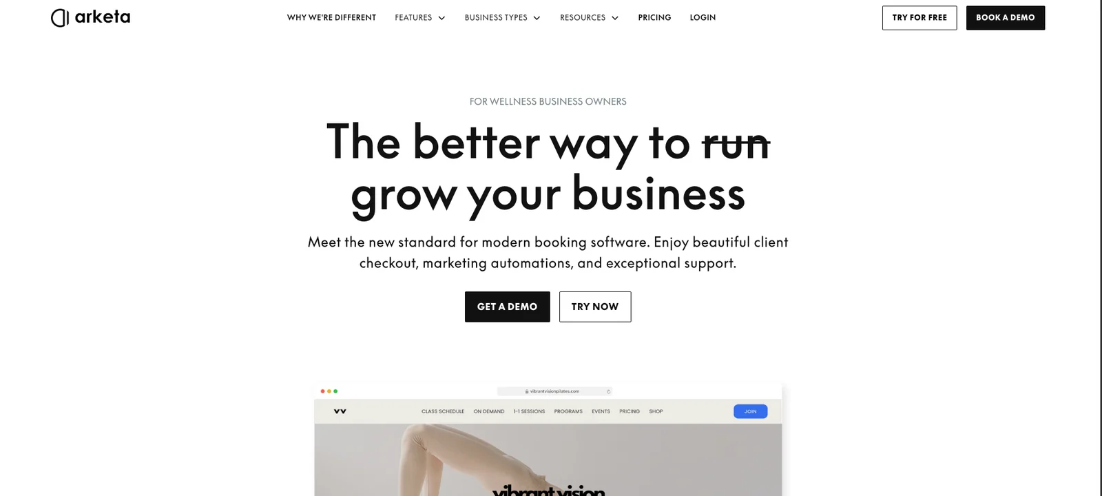 Arketa (YC S20) app screenshot showing the homepage with a The better way to grow your business headline, Get a Demo and Try Now buttons, and a preview of a customer booking site