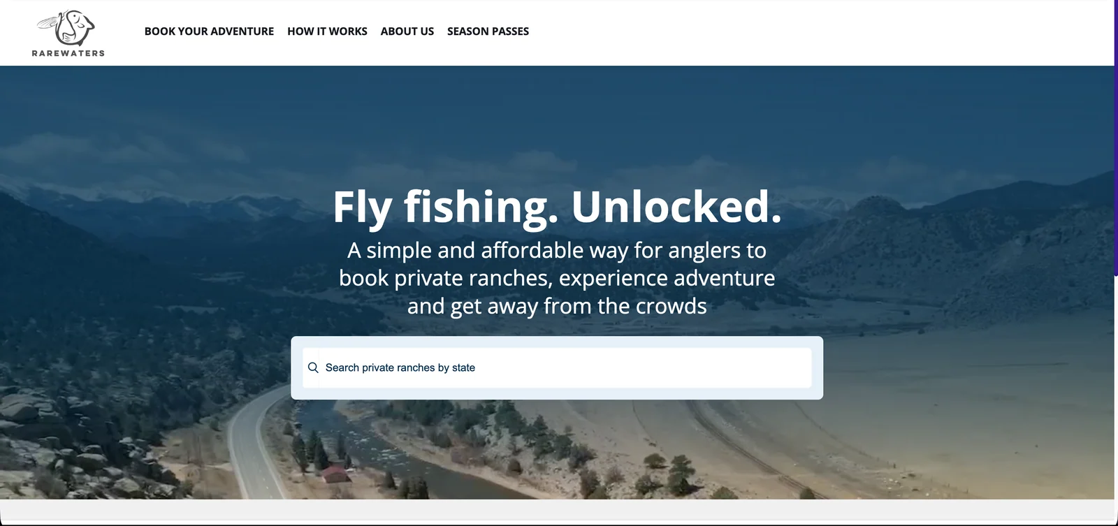RareWaters app screenshot showing the homepage hero with a Fly fishing. Unlocked. headline and a search bar to search private ranches by state