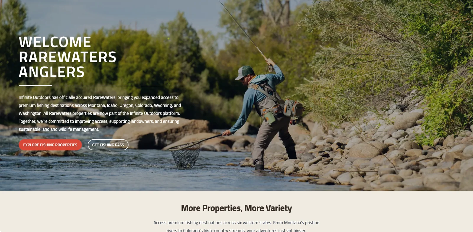 RareWaters app screenshot showing a welcome banner announcing the Infinite Outdoors acquisition with a fly fisherman in a river and buttons to explore fishing properties and get a fishing pass