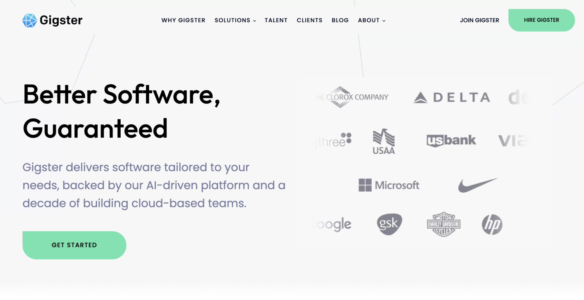 Screenshot of the Gigster website homepage showing the headline 'Better Software, Guaranteed' with client logos including Microsoft, Nike, Delta, USAA, and Google
