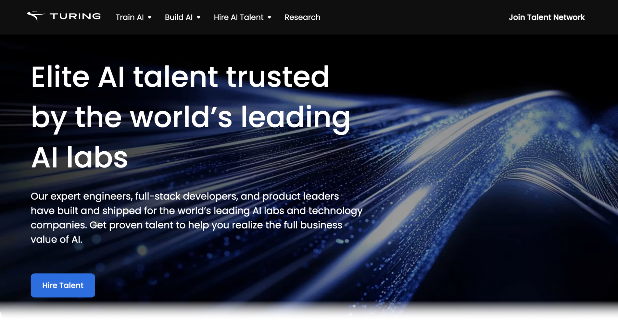Screenshot of the Turing website homepage showing the headline 'Elite AI talent trusted by the world's leading AI labs' over an abstract blue particle wave graphic