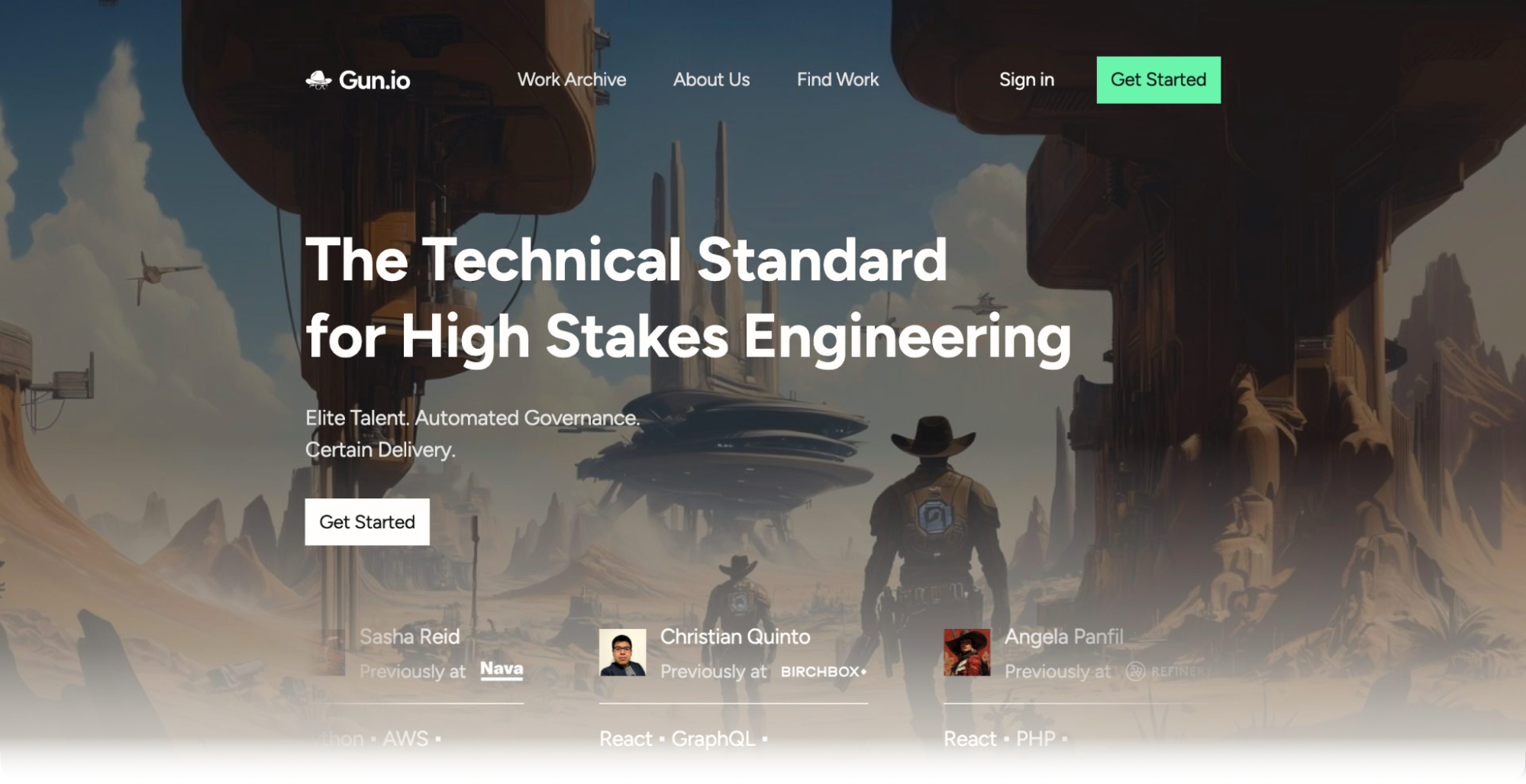 Screenshot of the Gun.io website homepage showing the headline 'The Technical Standard for High Stakes Engineering' over an illustrated sci-fi desert scene