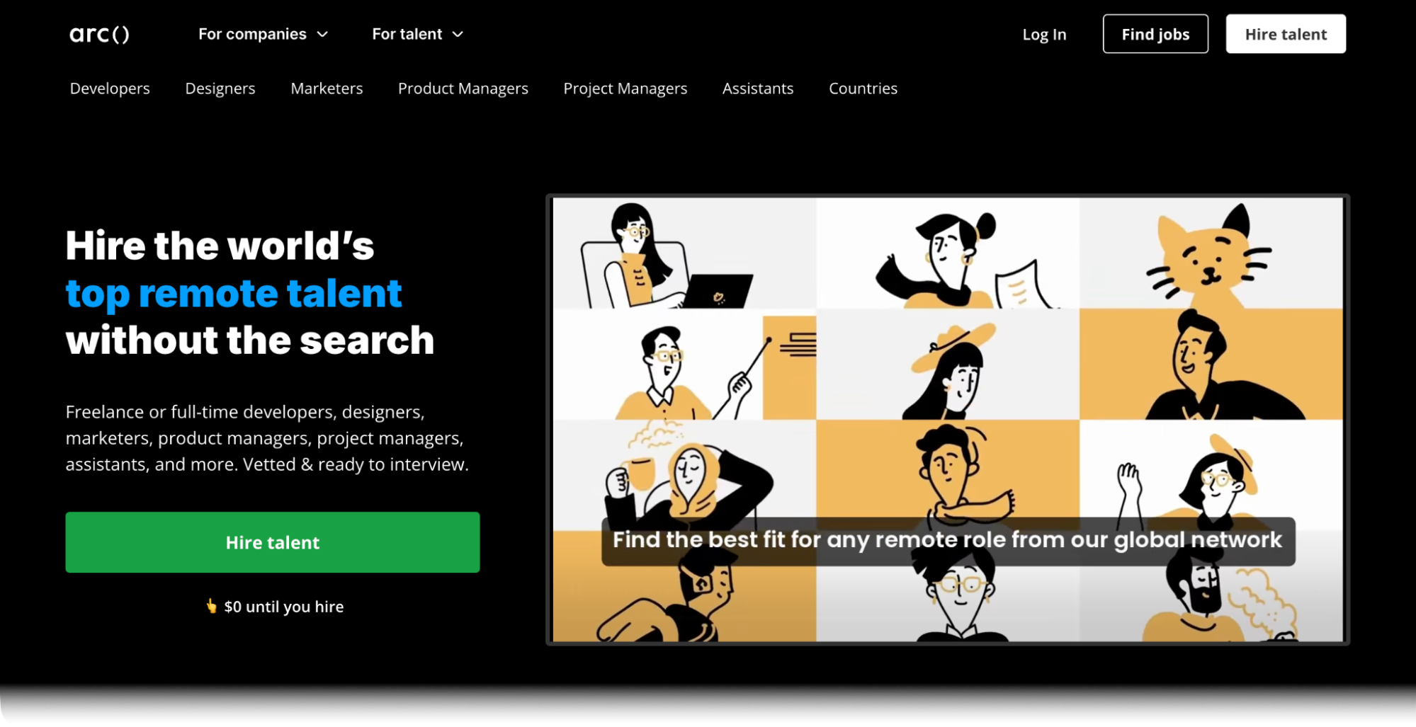 Screenshot of the arc website homepage showing the headline 'Hire the world's top remote talent without the search' beside an illustration of remote workers on a video call