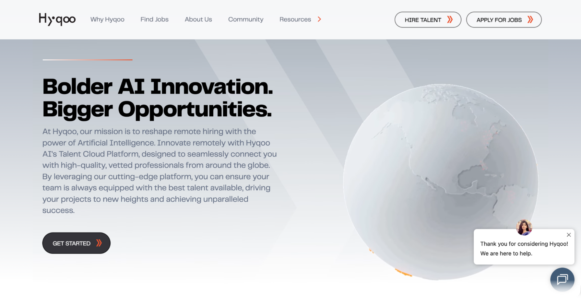 Screenshot of the Hyqoo website homepage showing the headline 'Bolder AI Innovation. Bigger Opportunities.' beside a 3D globe graphic