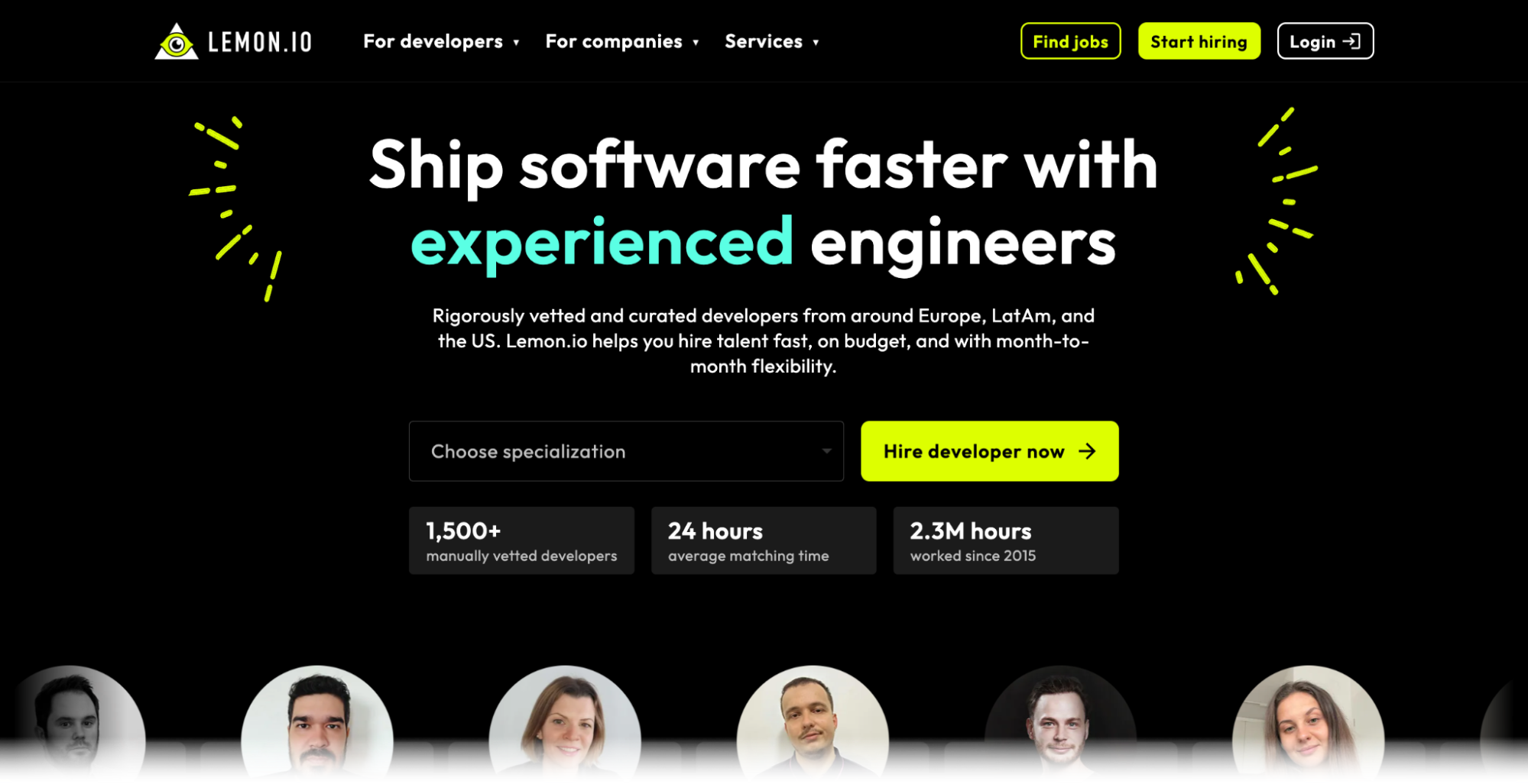 Screenshot of the Lemon.io website homepage showing the headline 'Ship software faster with experienced engineers' with statistics for vetted developers, matching time, and hours worked