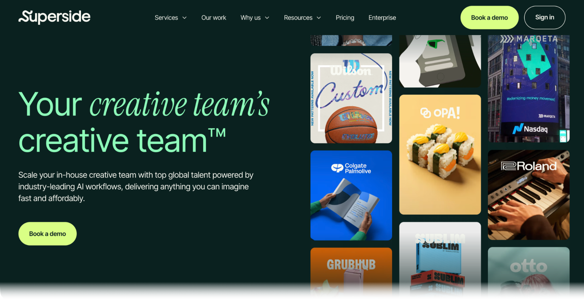 Screenshot of the Superside website homepage showing the headline 'Your creative team's creative team' beside a grid of client work including Wilson, Marqeta, Colgate Palmolive, and Roland