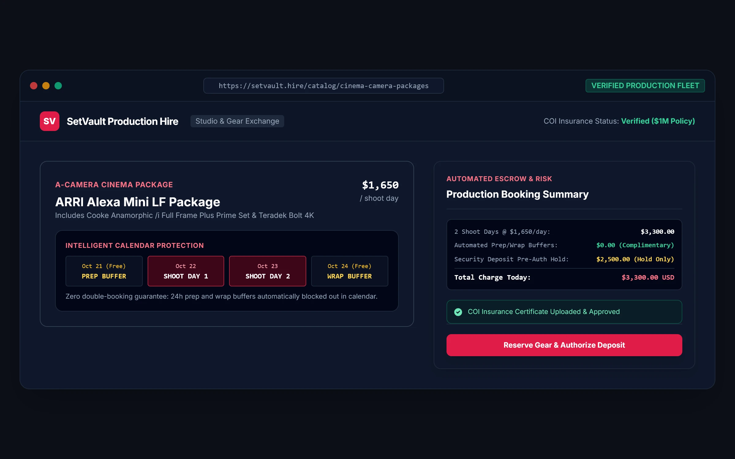 SetVault Production Hire UI preview