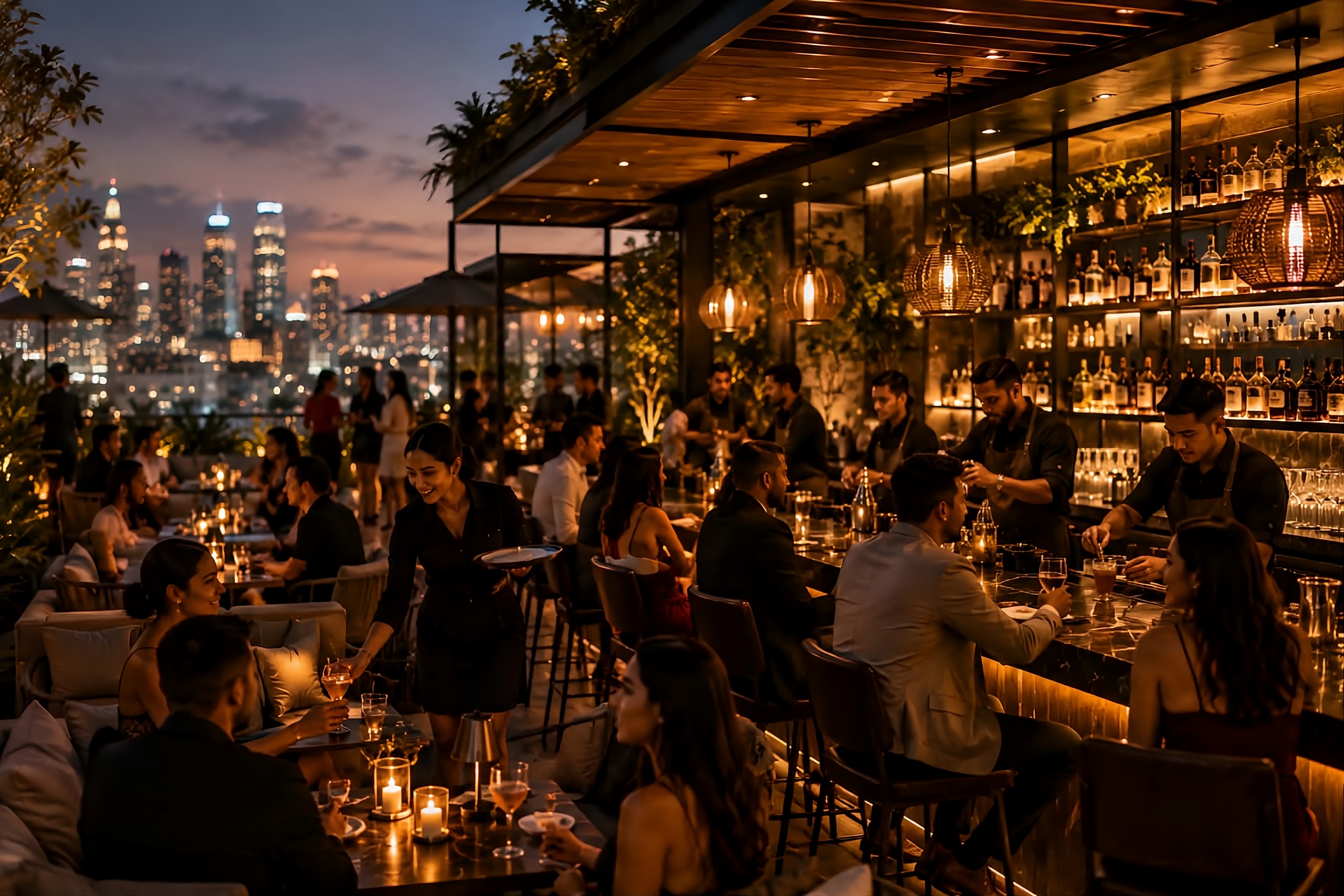 Rooftop bar overlooking Los Angeles skyline with a hustling venue