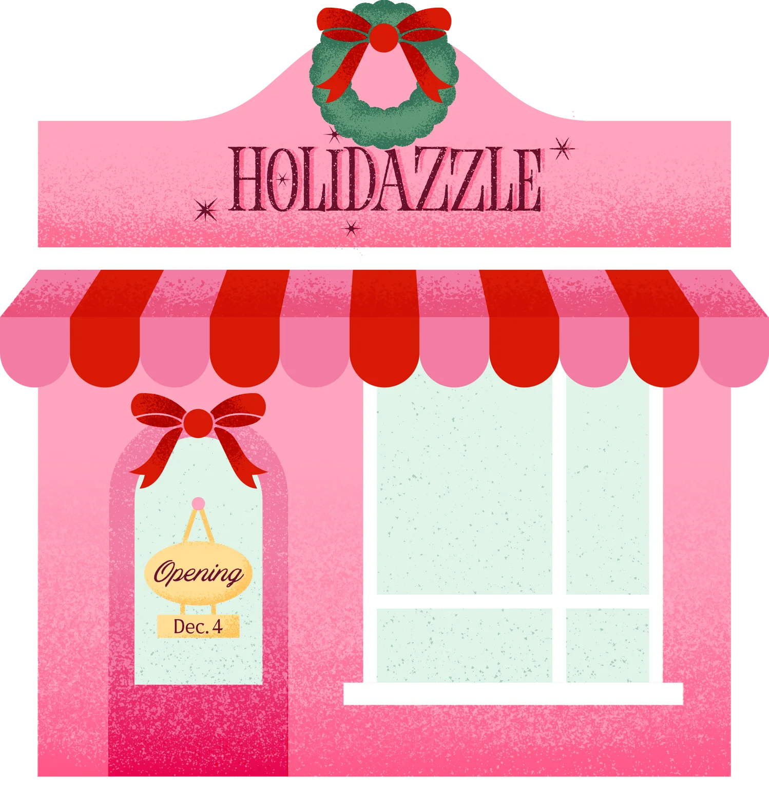 Holidazzle storefront illustration with a wreath and an Opening Dec. 4 sign