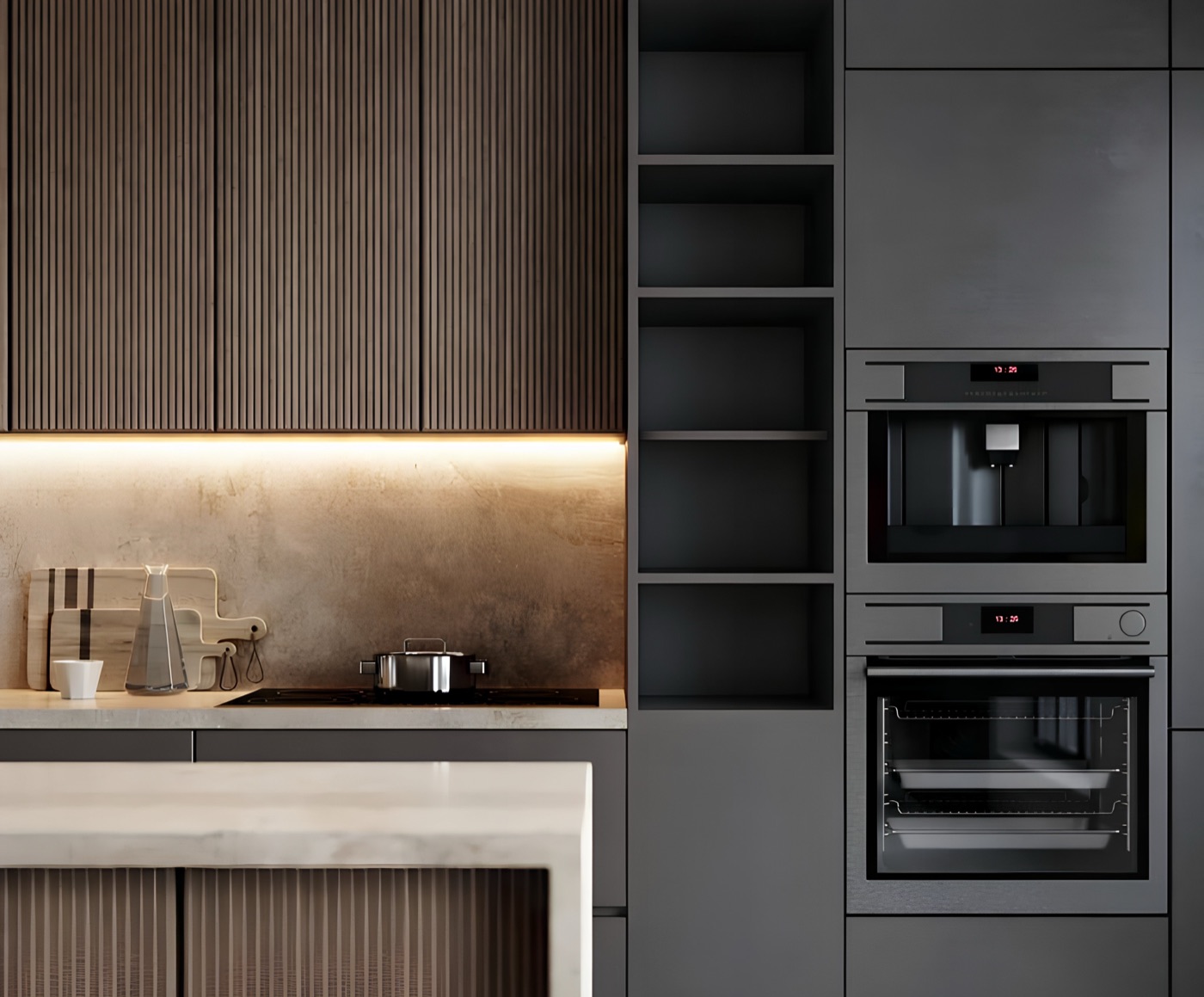 Dark contemporary kitchen with timber feature cabinetry