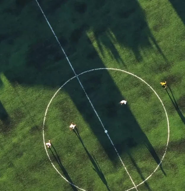 Aerial view of a football pitch during a live stream