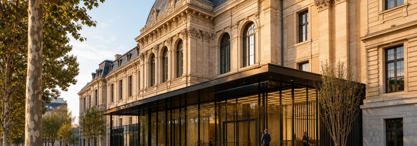 Façade d'un bâtiment public institutionnel en pierre de taille