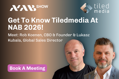 NAB Show 2026 banner with Rob Koenen and Lukasz Kubala, inviting visitors to book a meeting
