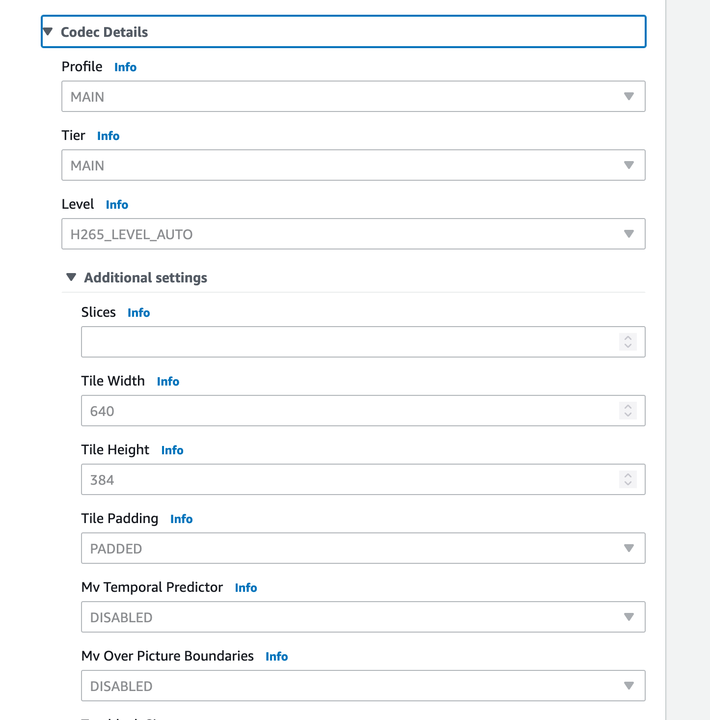 ClearVR Cockpit encoder settings with codec profile, tier, level and tile size