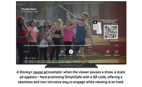 Disney+ pause screen showing a static ad with a QR code while playback is paused