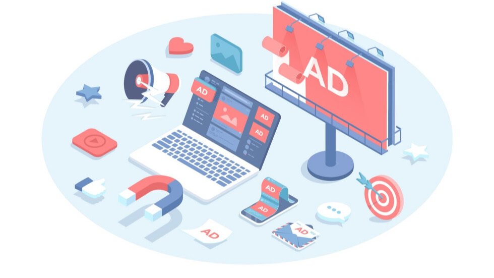 Illustration of an ad on a screen surrounded by marketing and targeting icons