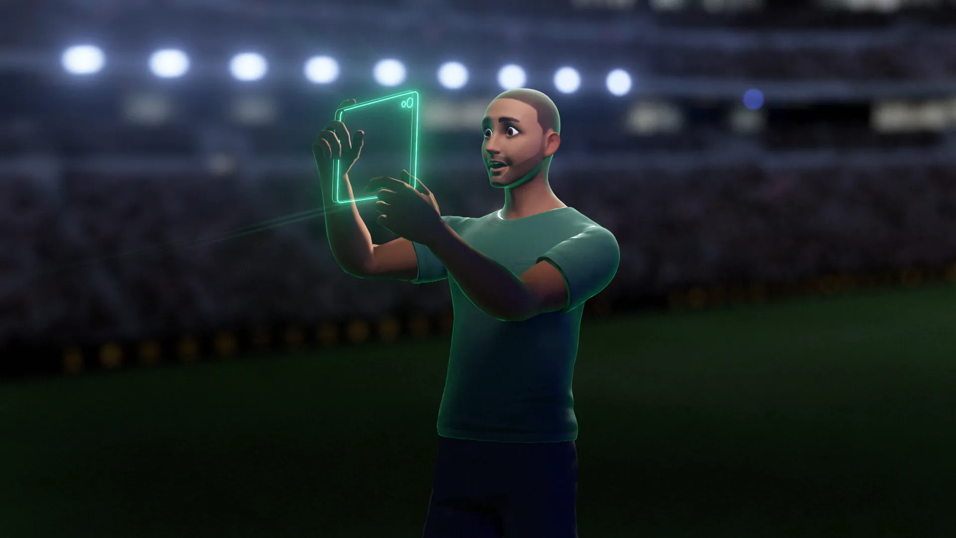 Avatar holding up a screen inside a virtual stadium