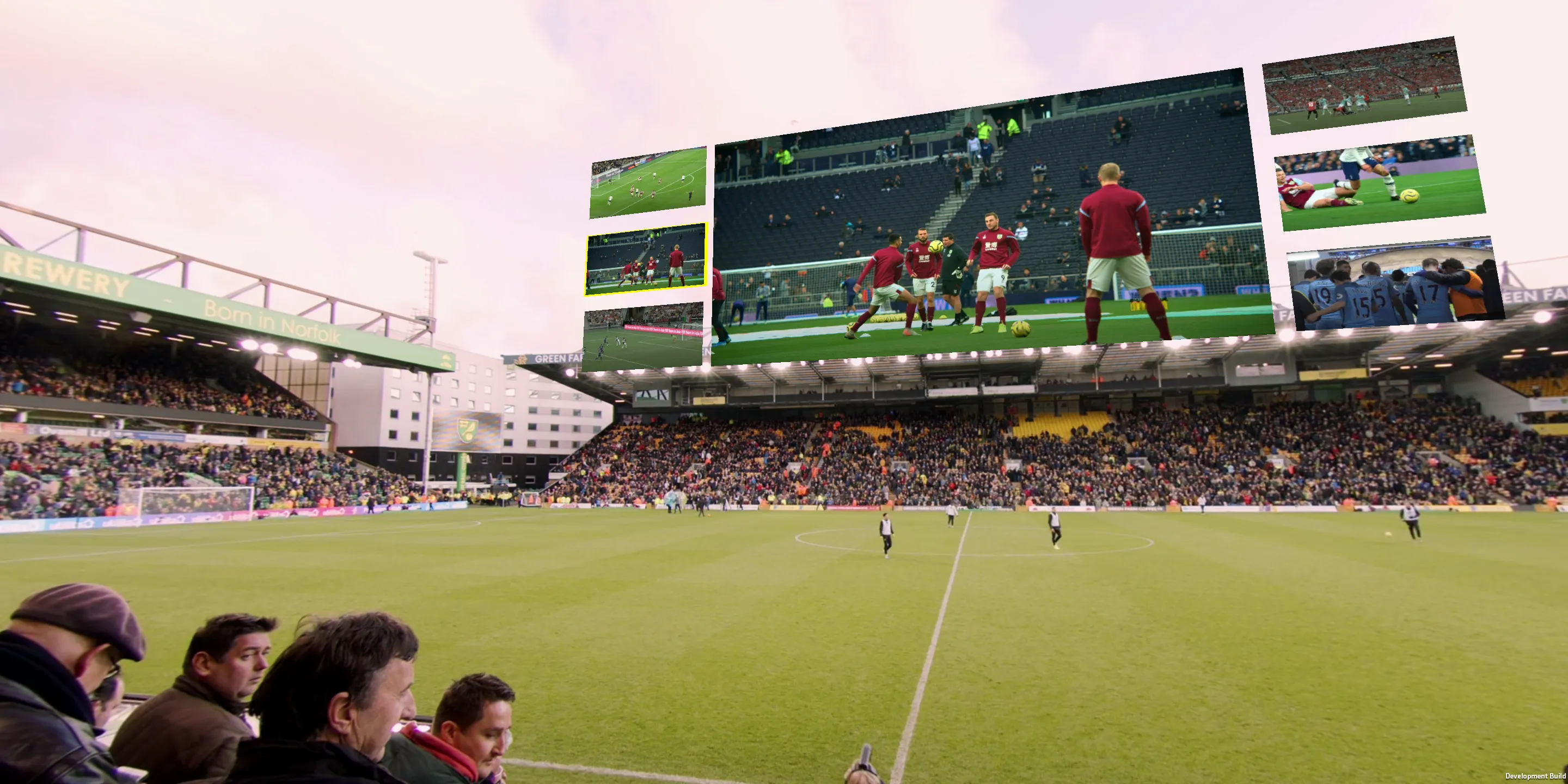 VR view of a football stadium with additional match screens above the pitch