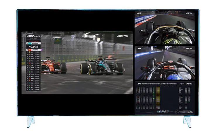 Formula 1 multiview on a television, with the race feed beside timing data and onboard cameras