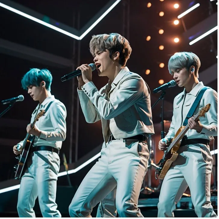 K-pop band performing on stage under bright lights