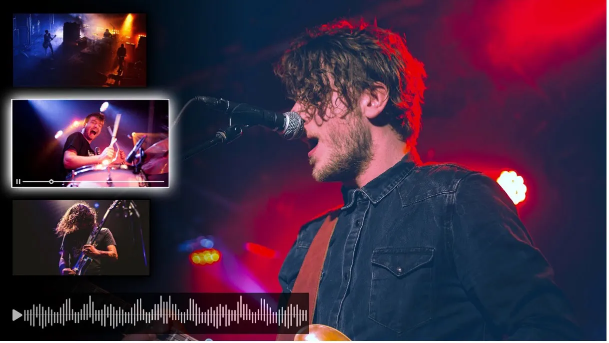 Concert multiview with a singer on the main feed and smaller stage angles beside it
