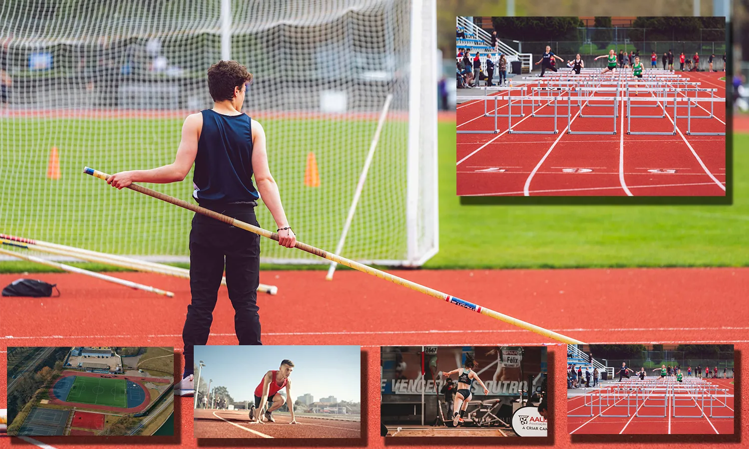 Athletics multiview with a pole vaulter on the main feed and other track events below