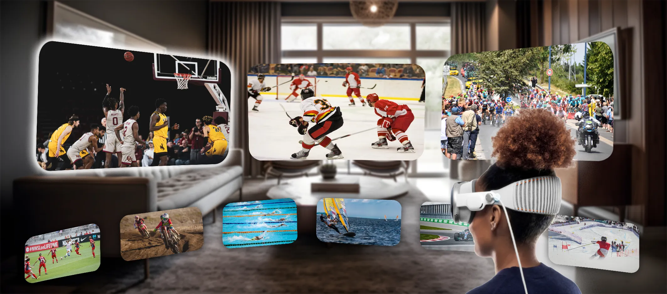 Living room with a wall of screens showing different sports, a viewer in a headset