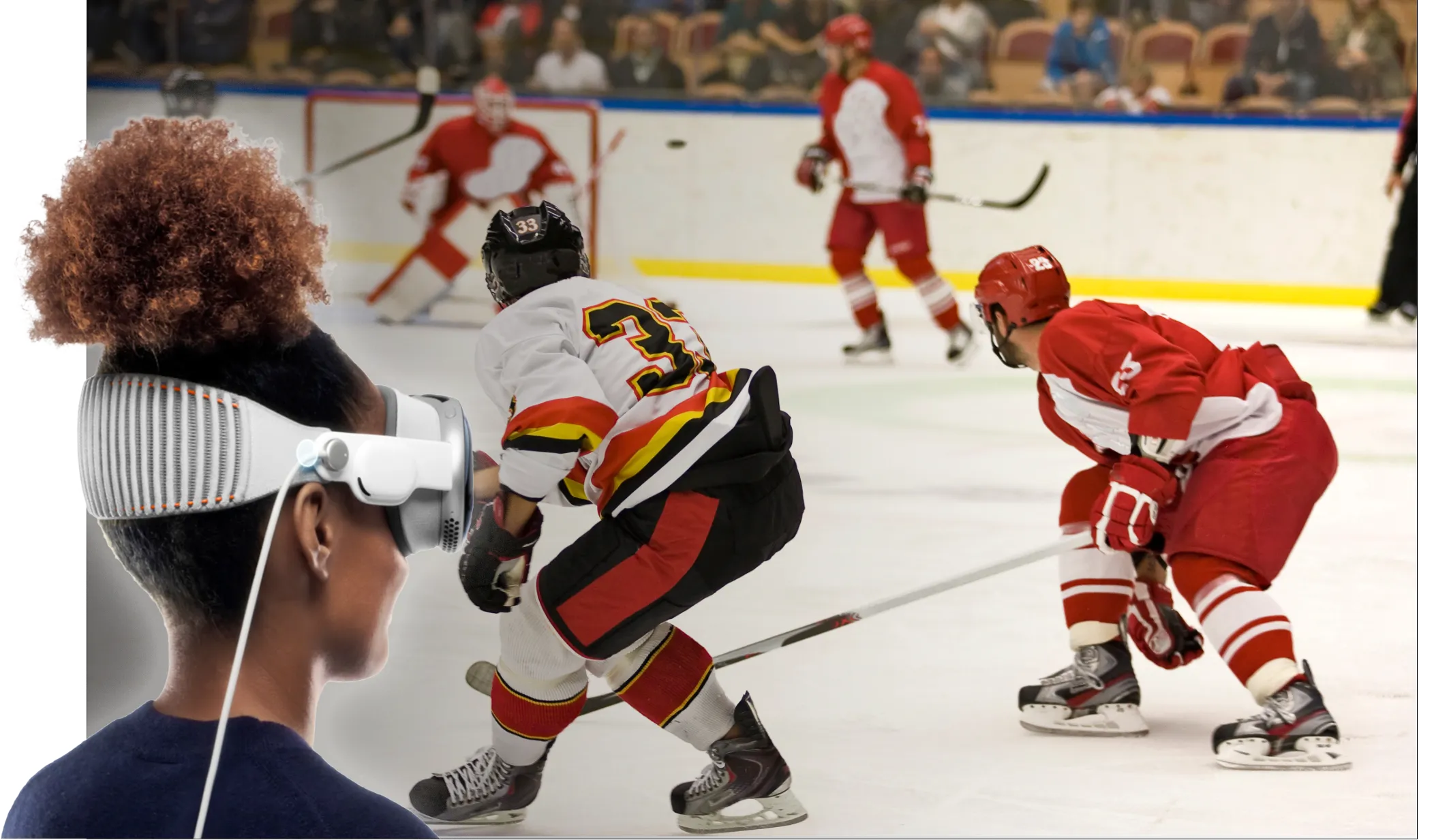 Person in a VR headset watching an ice hockey match
