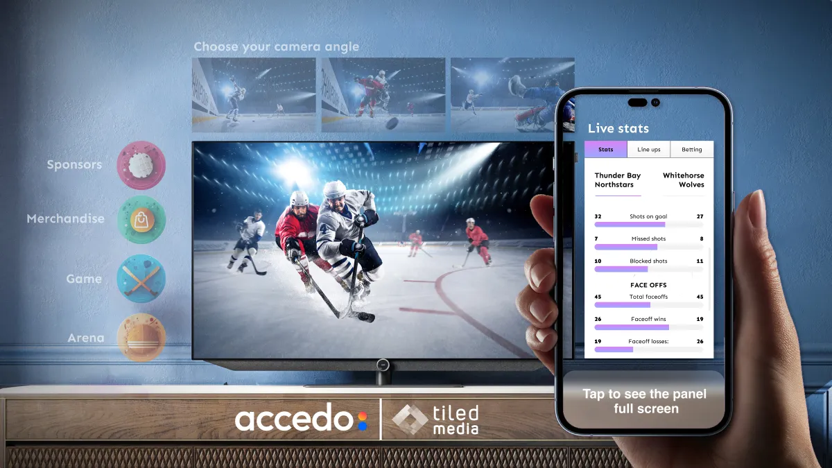 Ice hockey multiview on a screen with a phone showing live stats beside it