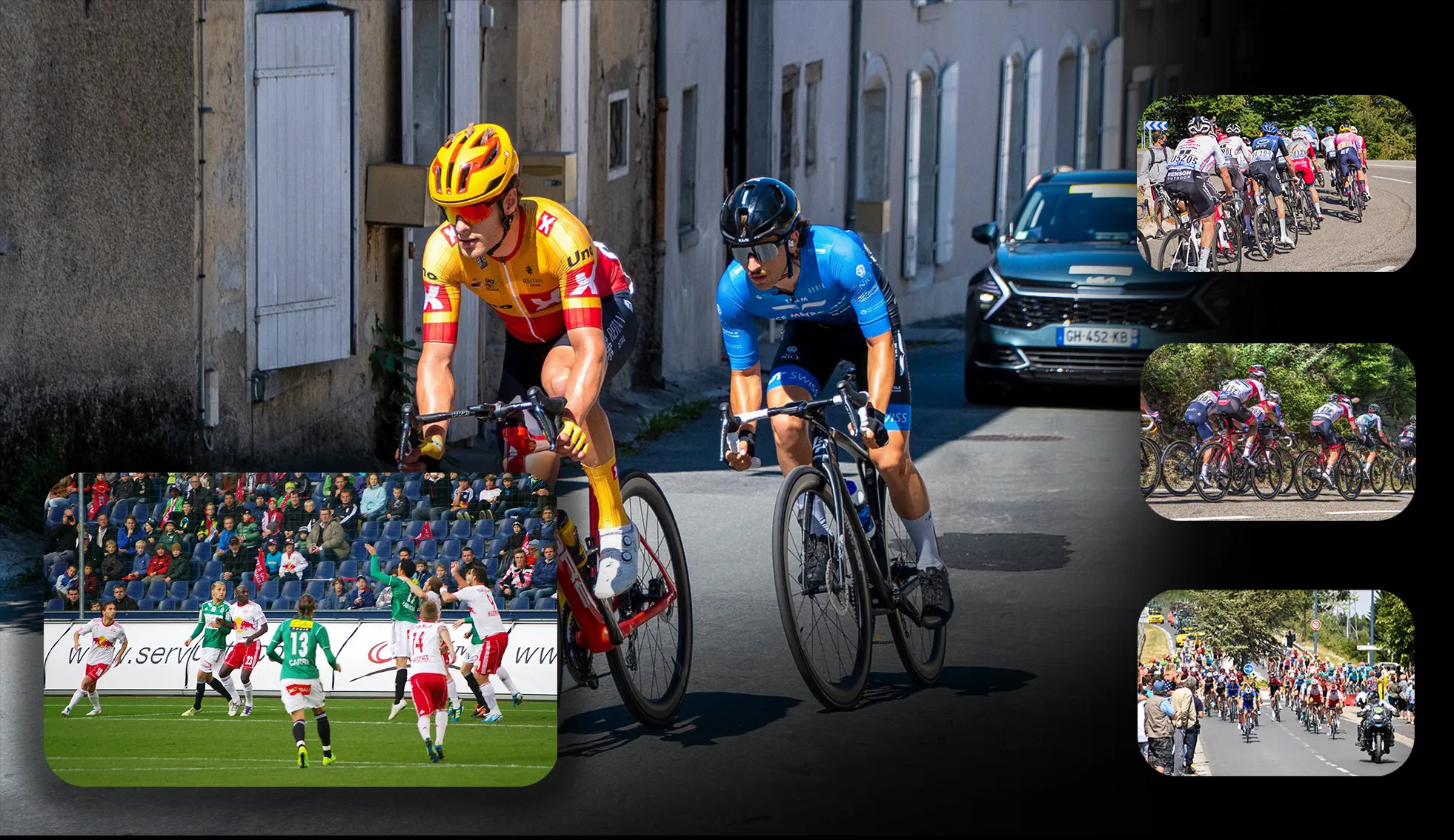 Multiview interface with a cycling sprint and additional cycling and football feeds