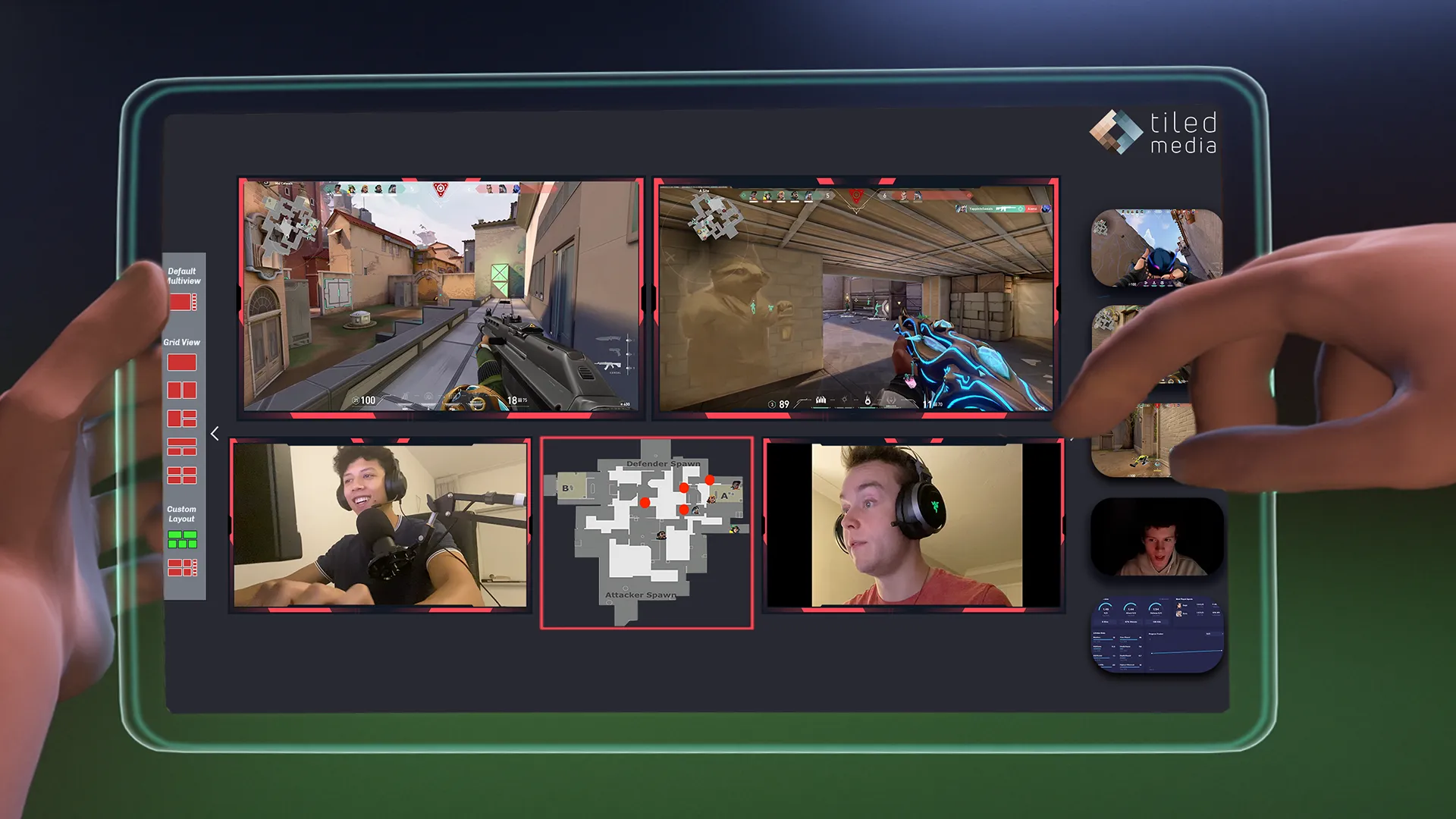 Tablet showing an esports multiview with several player camera feeds