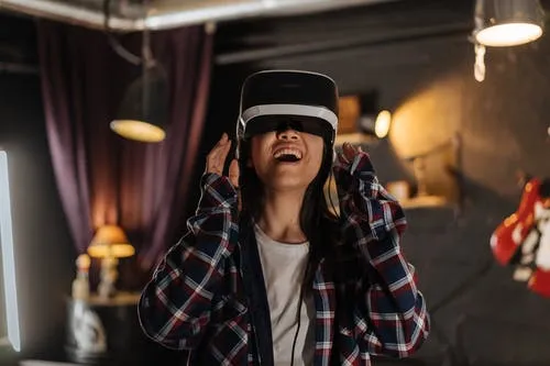 Person wearing a VR headset and reacting, in a bar interior